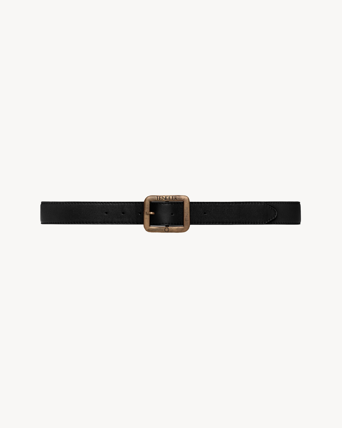 TENDLER black pebbled Italian leather belt featuring a structured square antiqued brass buckle with engraved logo hardware.