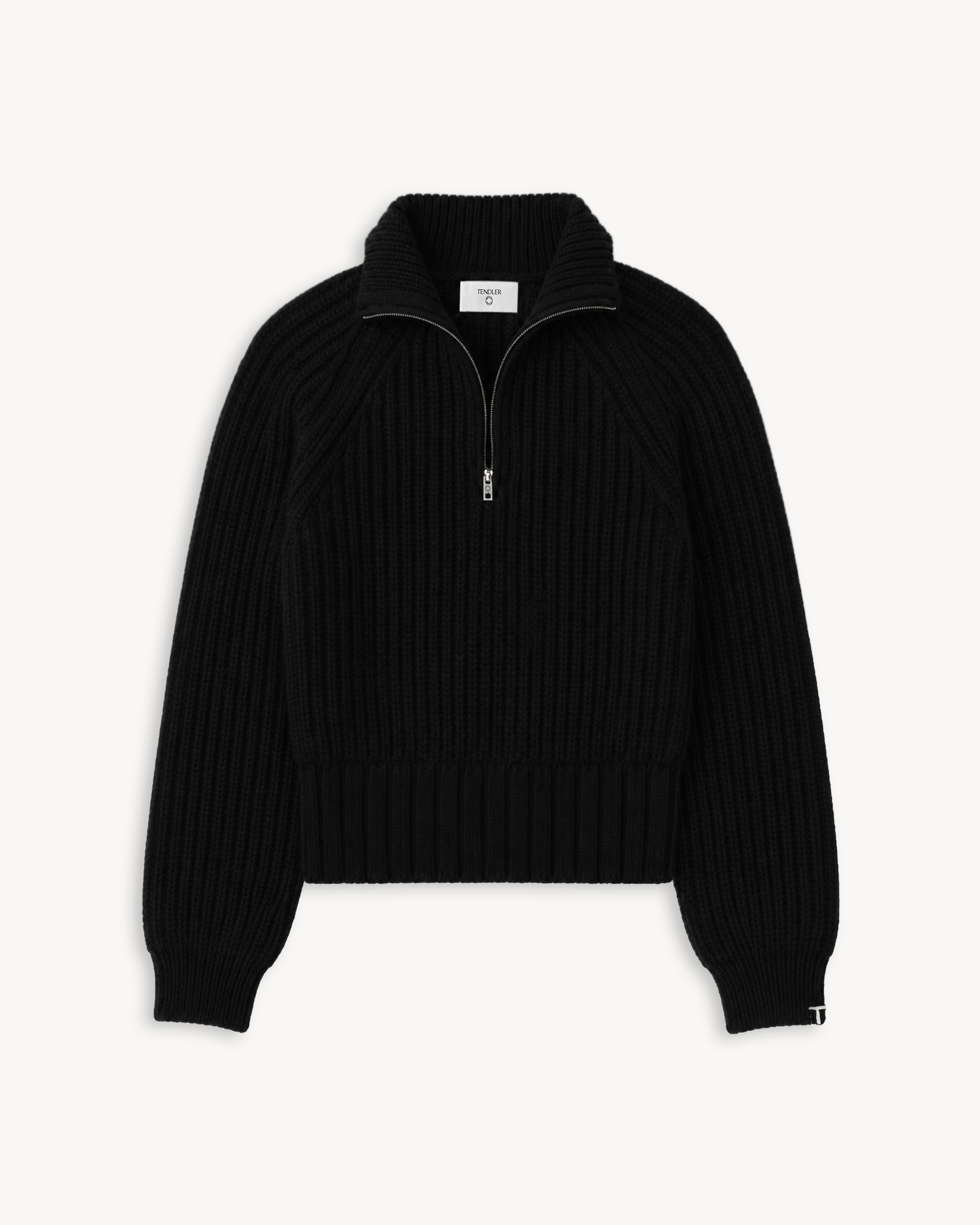 TENDLER Black heavyweight recycled Italian cashmere half-zip sweater with a high ribbed collar and cropped fit.