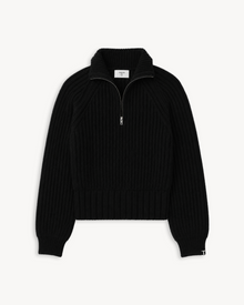 TENDLER Black heavyweight recycled Italian cashmere half-zip sweater with a high ribbed collar and cropped fit.