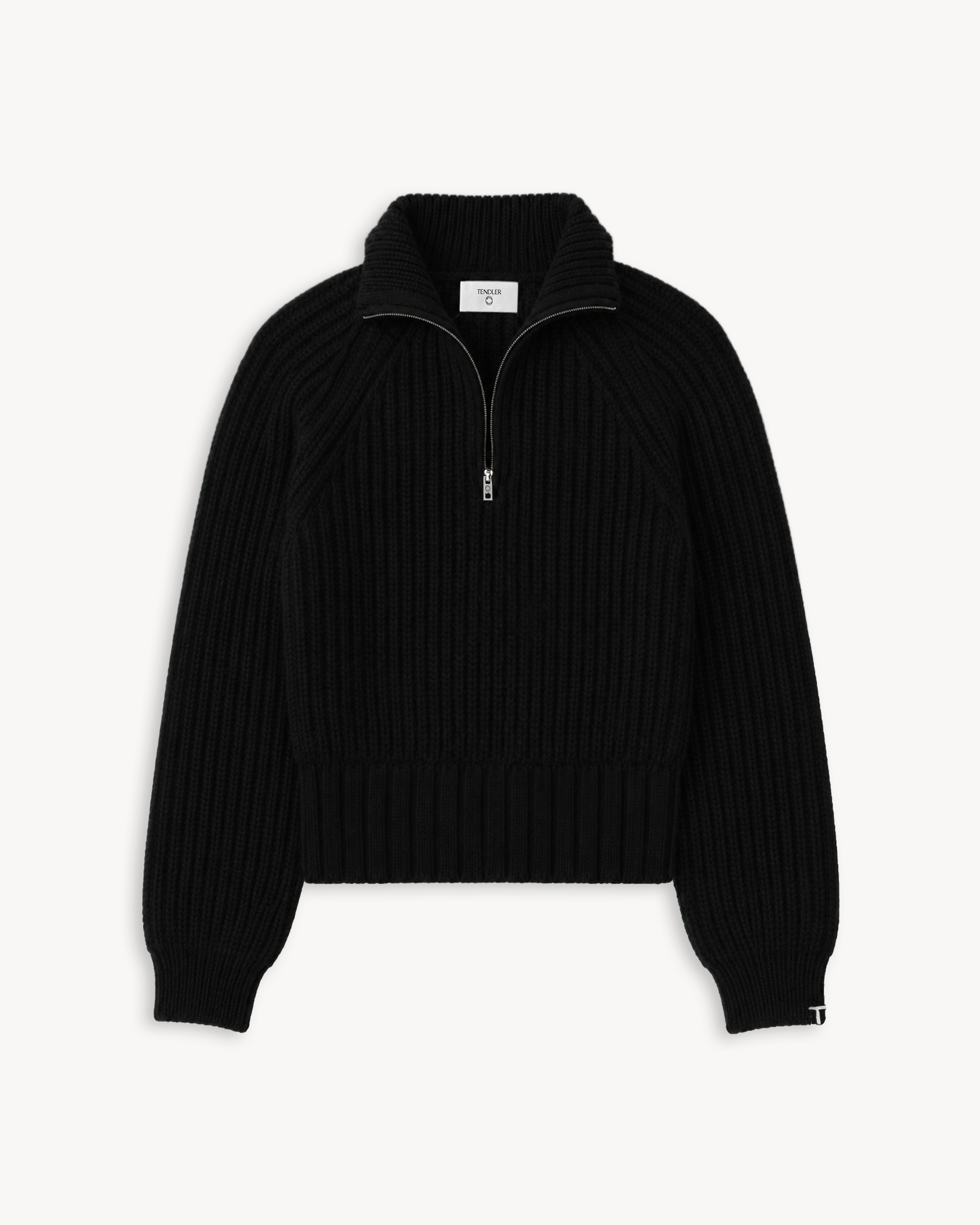 TENDLER Black heavyweight recycled Italian cashmere half-zip sweater with a high ribbed collar and cropped fit.