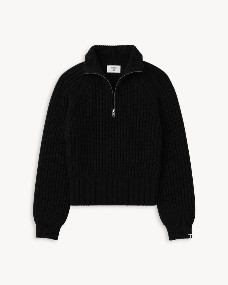 TENDLER Black heavyweight recycled Italian cashmere half-zip sweater with a high ribbed collar and cropped fit.
