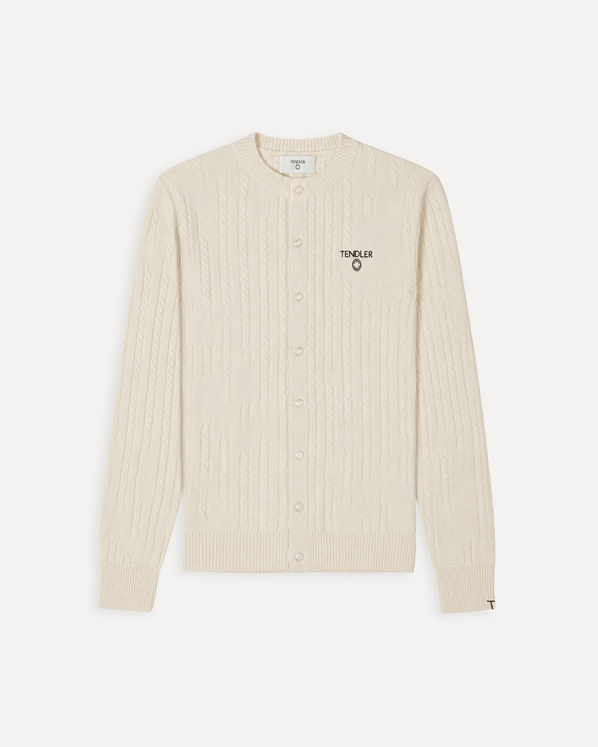 Front flat lay view of the TENDLER cream white recycled cashmere cable knit crewneck cardigan with front buttons and chest logo.
